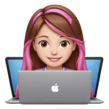 Make an apple emoji of a girl with brown hair that has pink strands of hair with her face behind a laptop screen facing her. sticker