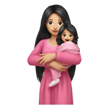 Beautiful Russian lady very long black hair pink clothes holding baby  sticker