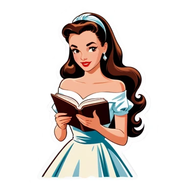 Beautiful woman in 1950’s woman fashion look, off-shoulder white dress, long dark brown hair, reading  sticker
