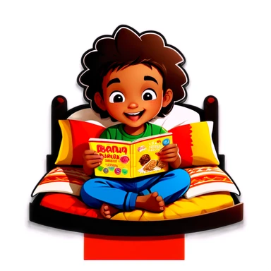 Kid eating granola bar in bed reading sitting Indian style sticker