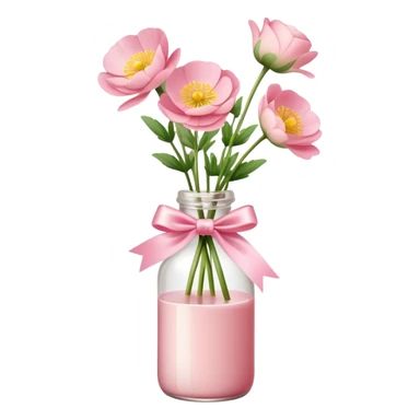 aesthetic bow in Cream Pink , Sugar Pink color glass bottle and in it a beautiful bouquet of Satin Pink Chinese buttercup  sticker