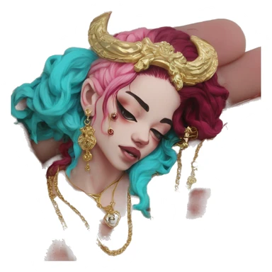 Vintage painting swirls gold jewellery baroque raven wings angel tropical Deep pink maroon burgundy cyan dark hoodie man vitiligo dyed hair gold piercings nose piercing ear piercings sticker