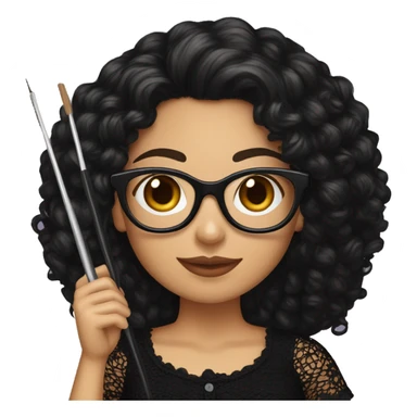 Hispanic woman with black glasses and long dark brown curly hair holding crochet hook and yarn wearing a black lace shirt sticker