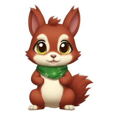 Cute, Chibi, chubby, fluffy, Kemono-style, Anthro, Fur-Sona, Dark-Red, Squirrel-Rabbit-hybrid-Fakémon, with a green bandana, full body sticker