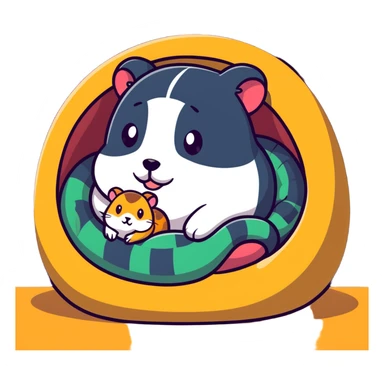 snake hugging a hamster in a cozy den with pillows sticker