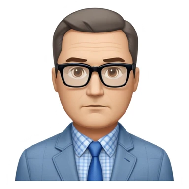 50-year-old heavyset man with very wide face and prominent square jawline. Short straight hair combed to the side, not balding. Large dark square glasses. Serious-relaxed expression. Light gray jacket that fits his larger frame, white shirt with blue checkered pattern. sticker