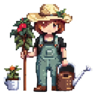 gardener character with straw hat, watering can, and gardening tools sticker
