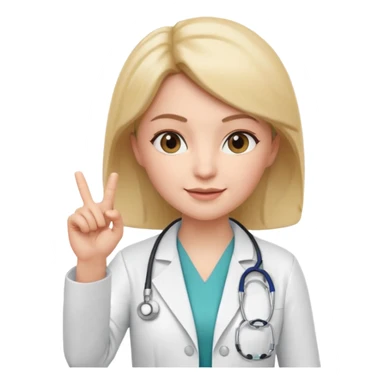 3D memoji style female doctor, white medical coat, stethoscope, raising index finger up like giving important advice, confident facial expression, slight smile, centered, transparent background, sticker