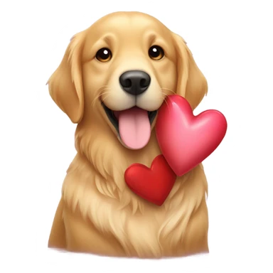 Golden retriever holding Valentine’s heart sticker