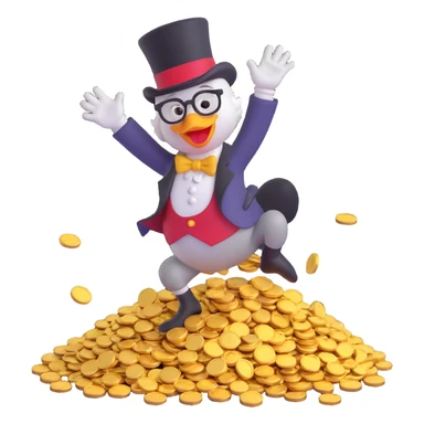 Scrooge McDuck emoji, diving into pile of gold coins, joyful expression, with top hat and glasses sticker