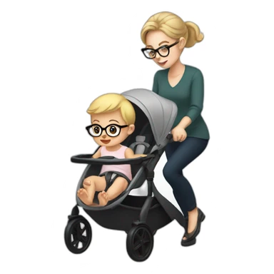 White women with brown hair and glasses pushing buggy with blonde baby sticker