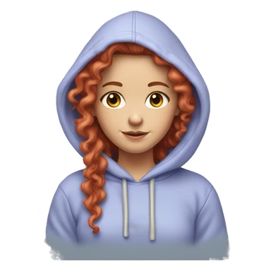 white girl with long red curly hair, wearing a pastel periwinkle hoodie doing a pose sticker