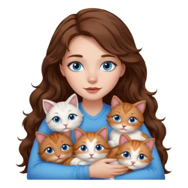 girl with long wavy brown hair, blue eyes, long lashes makeup, cuddling with 6 cats sticker