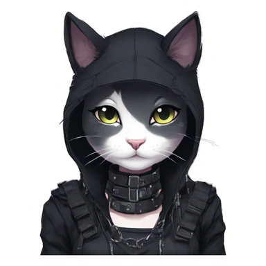 Gorgeous gothic dark techwear anime style anthro cat with blushing face aesthetic and pretty edgy black with collar and harness trending style sticker