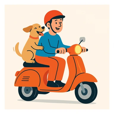 vector art of a man and his pet dog riding a vespa, for website design sticker