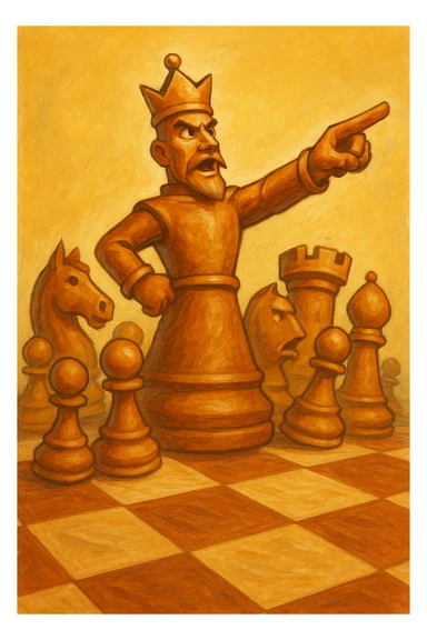 В cлегка рисованной, но при этом объемной и яркой стилистике сгенерируй картинку где по центр стоит шахматный король, он указывает пальцем в даль как военноначальник, а рядом фигуры пешек, конь, ладья, слон идут в атаку, на полу виднеется шахматная доска, фон позади фигур однотонный sticker