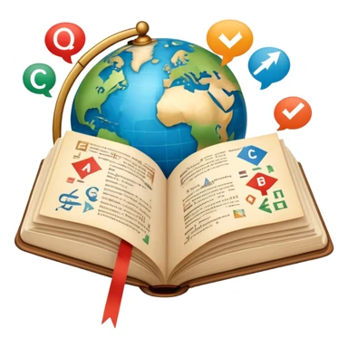 An icon featuring an open book with speech bubbles showing different alphabets—Latin, Cyrillic, Kanji. A globe and translation arrows symbolize global communication and language learning. Transparent background highlights cultural exchange and linguistic diversity. sticker