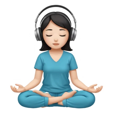 An East Asian woman is sitting cross-legged in a meditation pose, wearing Apple headphones and listening to music. The song is so beautiful that she has her eyes closed and tears streaming down her face. sticker
