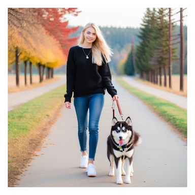 Cute Blonde woman wearing a black sweater and jeans and white sneakers walking a happy red-brown blue-eyed Siberian husky in New York City on an upper east side city sidewalk  sticker