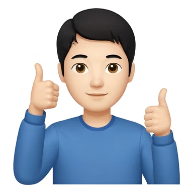 3D avatar of a Korean male frontend developer,
clean 5:5 middle part black hair,
no glasses,
close-up face portrait,
only head and one hand visible,
one hand making thumbs up gesture,
soft and friendly expression,
minimal style
 sticker