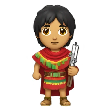 An Inca man, neck-length black hair, wearing a red headband and wearing a red poncho (with yellow, green and red lines) and holding a pistol sticker