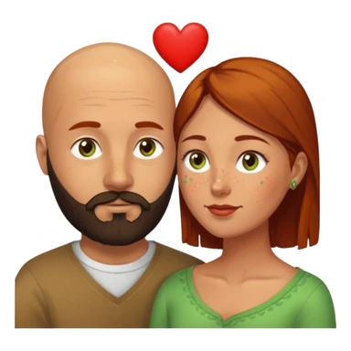 Couple. Bald man with dark brown-black beard. Woman with freckles, white skin and she has auburn-yellow-brown-hair. She has light yellow-green-brown eyes. He have hazel eyes. They look at each other. Many small red hearts around them. sticker