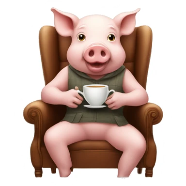 pig drinking tea looking at camera sitting in a chair sticker