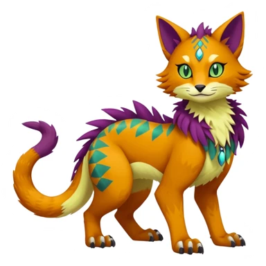 Kawaii cute reddish orangish yellowish greenish purplish exotic tribal beautiful pretty elegant divine edgy feline-vernid-sergal-Fakémon-Pokémon-Digimon-fursona-animal-creature with accessories, full body, with intricate detailed markings sticker