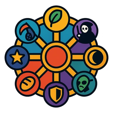 a mystical wheel with eight spokes, each spoke ending in a unique icon: life represented by a leaf, death represented by a grim reaper, darkness represented by an eclipse, plague represented by a mask, war represented by a shield, hunger represented by bread, dreams represented by a star, destiny represented by a spinning wheel; magical artifact illustration sticker