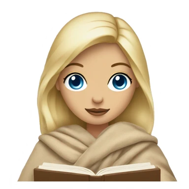 blonde woman with blue eyes in a blanket with a beige book in her handsemoji sticker