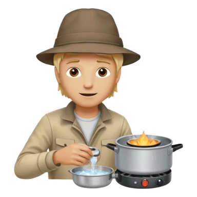 A blonde man camper boiling water on a portable stove, enjoying the outdoor sticker