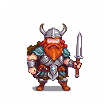 pixel art ginger viking with red beard and armor, running animation frame 1, legs wide apart sticker
