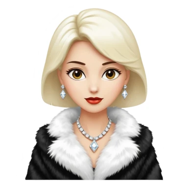 * Character: A stylish lady
* ﻿﻿Clothing: A luxurious white fur coat
* ﻿﻿Accessories: A dazzling diamond necklace
* ﻿﻿Expression: Confident, elegant, maybe slightly glamorous
* ﻿﻿Pose: Head slightly tilted or a poised posture
* ﻿﻿Style: Emoji-like, simple but expressive sticker