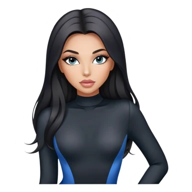 Glamours, tanned, very beautiful girl, with big pump peach-beige-rose lips, long long lashes, black straight smooth silky long hair, straight parting hair, blue-grey eyes in black long-sleeves bodysuit sticker