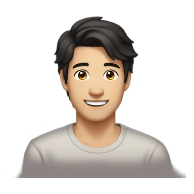 guy, black hair, medium length hair, in his 20s, very asian, smiling, t-shirt only, slight brown skin, dark brown eyes, slighty wavy hair sticker