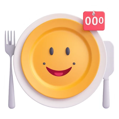 playful smiling plate with food and a price tag showing $0 conveying the idea of a free meal sticker