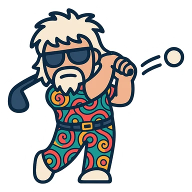 Create an icon of John Daly swinging a golf club with a golf ball in motion, in the same style as the reference image, with a transparent background. sticker