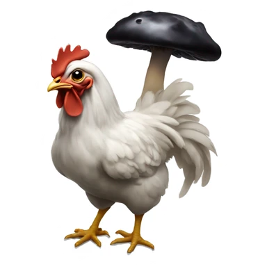 a chicken holding a black mushroom sticker