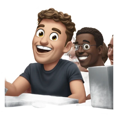 Musk in the treasury department laughing with devil horns coming out of his skull and in background young college guys on computers with eyes bulging out and looking frantic while typing fast sticker