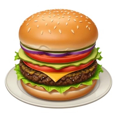 Draw a hamburger on a plate using a downward-facing look, ensuring the object remains stationary without rotation or tilt. sticker
