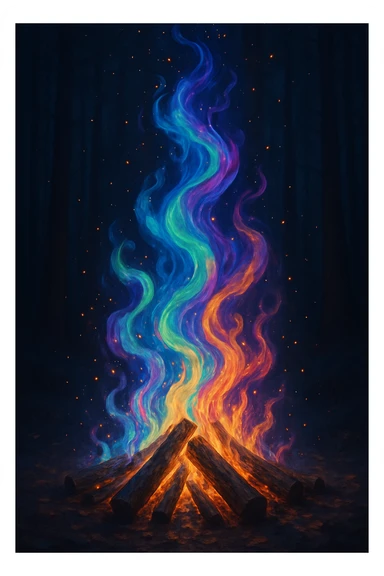 a bonfire with swirling, colorful flames, hypnotic effect, sparkling embers, fantasy, captivating sticker