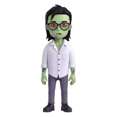 zombie boy with long black emo hair, glasses and white shirt, 3D emoji style sticker