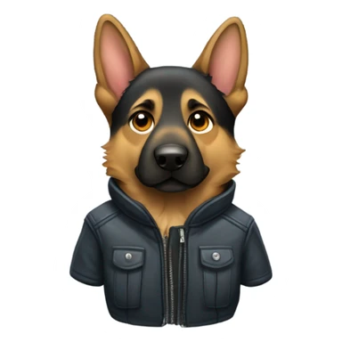 A german shepherd with a jacket sticker
