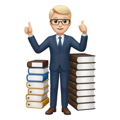 man with glasses, standing on a stack of documents, thumbs up emoji sticker