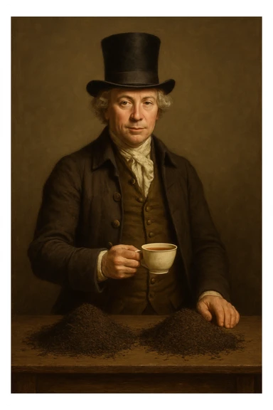 Сгенерируй мне британского предпринимателя 18 век, собирательный образ, в цилиндре, на однородном фоне. Он должен полностью помещаться в экран и не касаться краев изображения, и не обрезаться ими Он стоит за столом, на столе большие кучи росыпью чай, а сам он держит кружочку чая В СТИЛЕ РЕАЛИСТИЧНОЙ ЖИВОПИСИ sticker