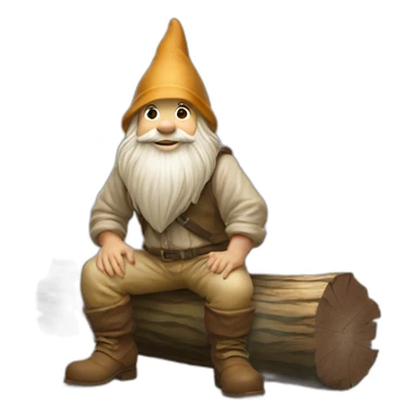 side view of gnome with light tan pants and light tan boots squatting in front of small brown log sticker