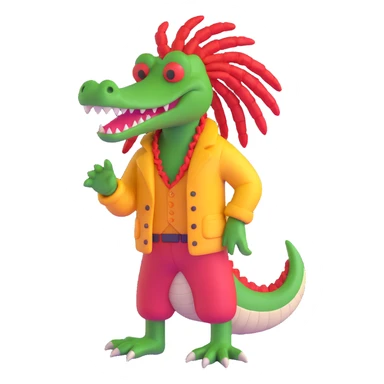 Add red color into the alligator's dreadlocks, keep the 3D cartoon Rasta style and vibrant clothes, with no background. sticker