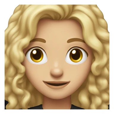 dirty blonde haired girl, curled, hazel eyes, smiling with a black shirt sticker