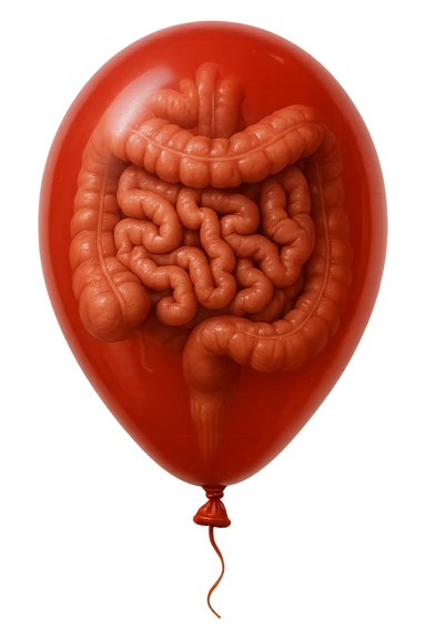 intestino umano anatomico chiuso in un palloncino rosso, iperrealistico 4k sticker