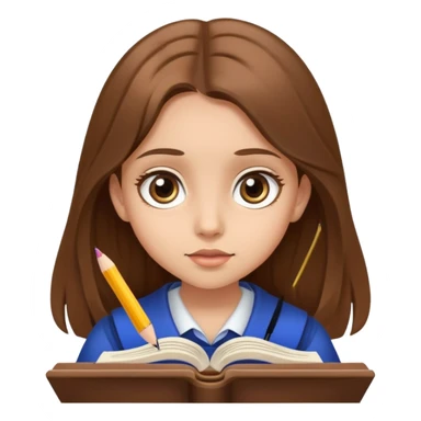 A girl with long brown hair, light skin and big eyes is studying sticker